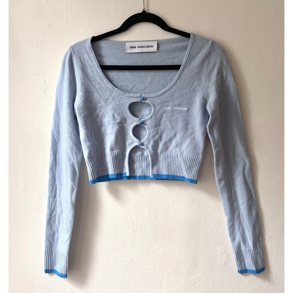 Ann Andelman Blue Merino Wool Cropped Logo Sweater 36